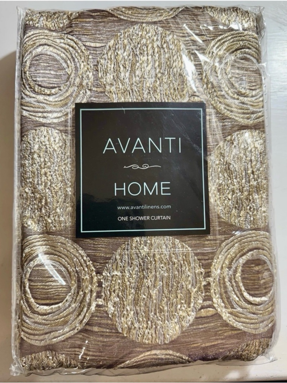 NEW IN PACKAGE-Avanti Brown and Gold Textured Circle Shower Curtain Panel